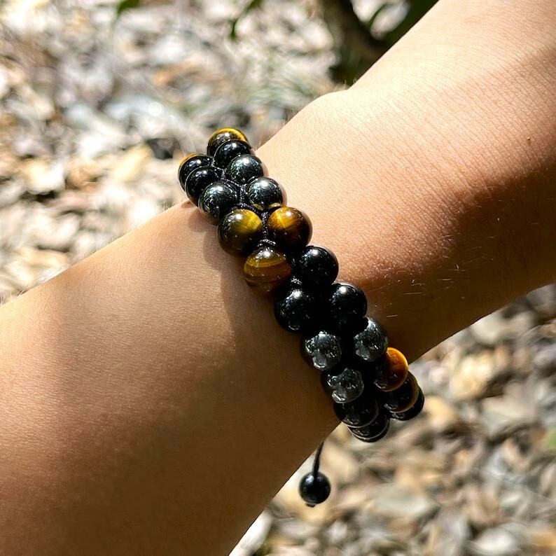 Triple Protection Tiger Eye Hematite Obsidian Bead Healing Adjustable Bracelet
