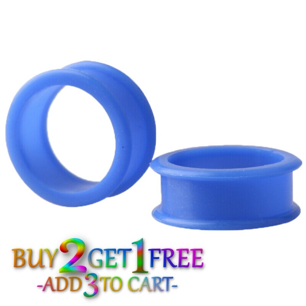 Pair 12g-50mm BLUE SILICONE FLAT FLARE TUNNELS Double Gauges Thin Flesh Ear 1007