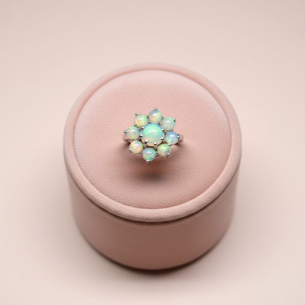 Ethiopian Opal Cluster Flower Ring 925 Sterling Silver Handmade Jewelry