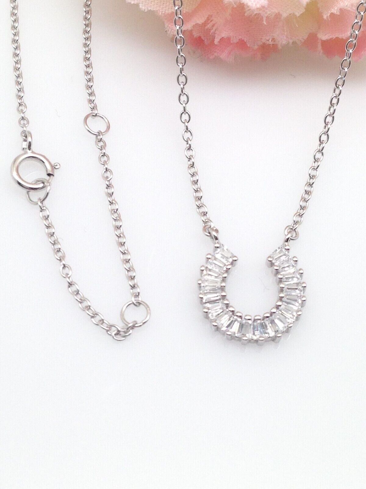 925 Sterling Silver Baguette Cz Horseshoe Pendant Necklace Small 10.8mm 17.5″
