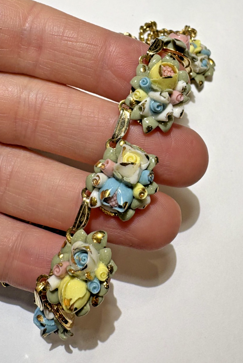 Vintage Hand made painted Bone China Rose Flowers gold tone 15″ Choker Necklace