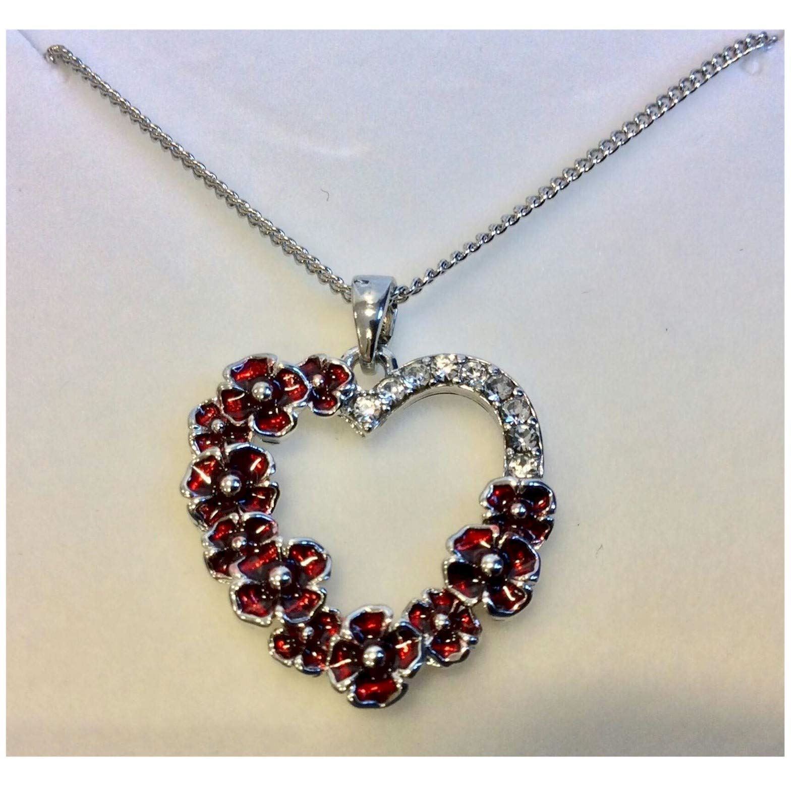 Silver Plated Red Poppy and Diamante Heart Necklace
