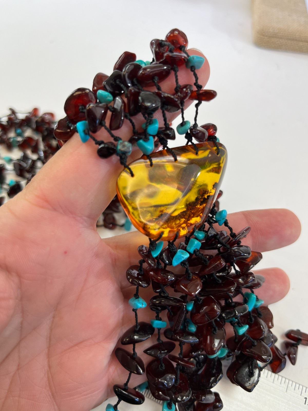 VTG Amber & Turquoise Nugget Chunky Beaded Stone Necklace 32″ Earrings Set DS51