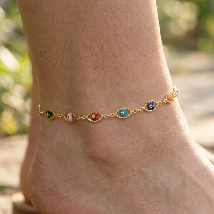 Chic 18K Gold Plated Evil Eye Anklet for Women | Colorful Enamel Charm Chain