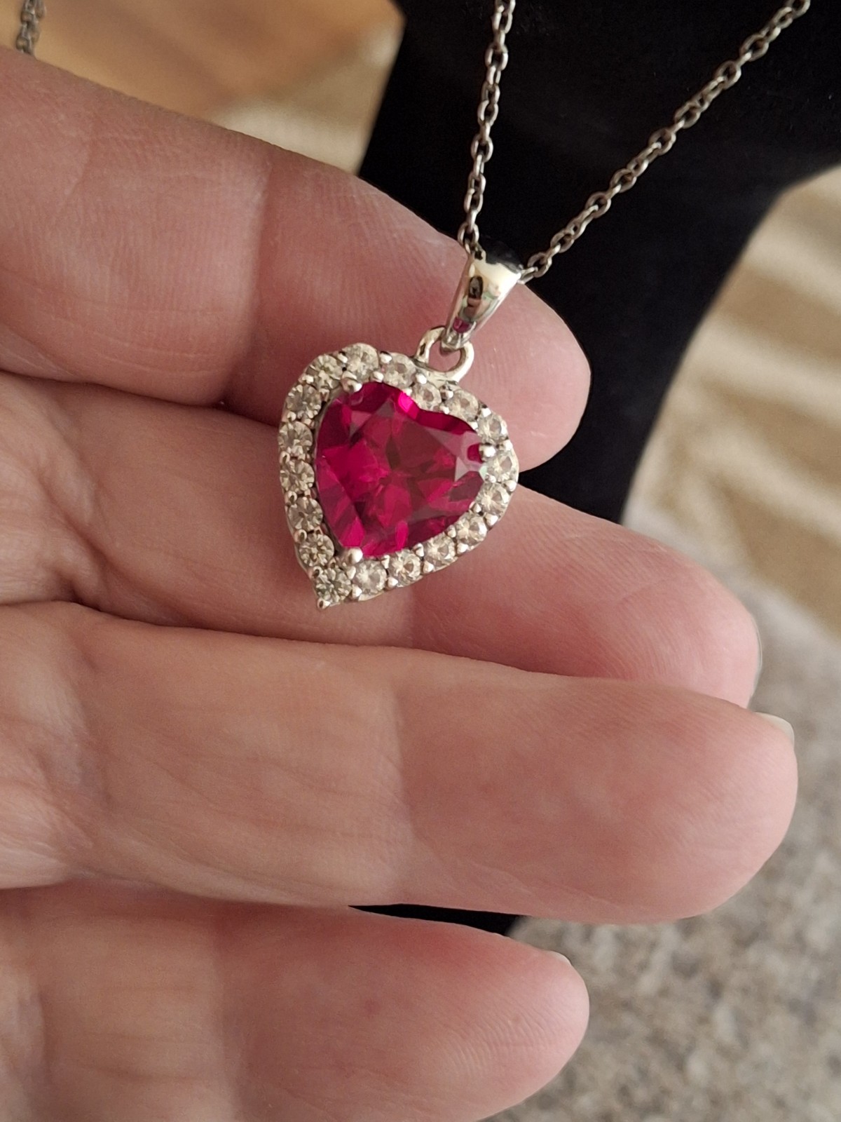 Heart Red And White Cz Sterling Silver Necklace 18in.