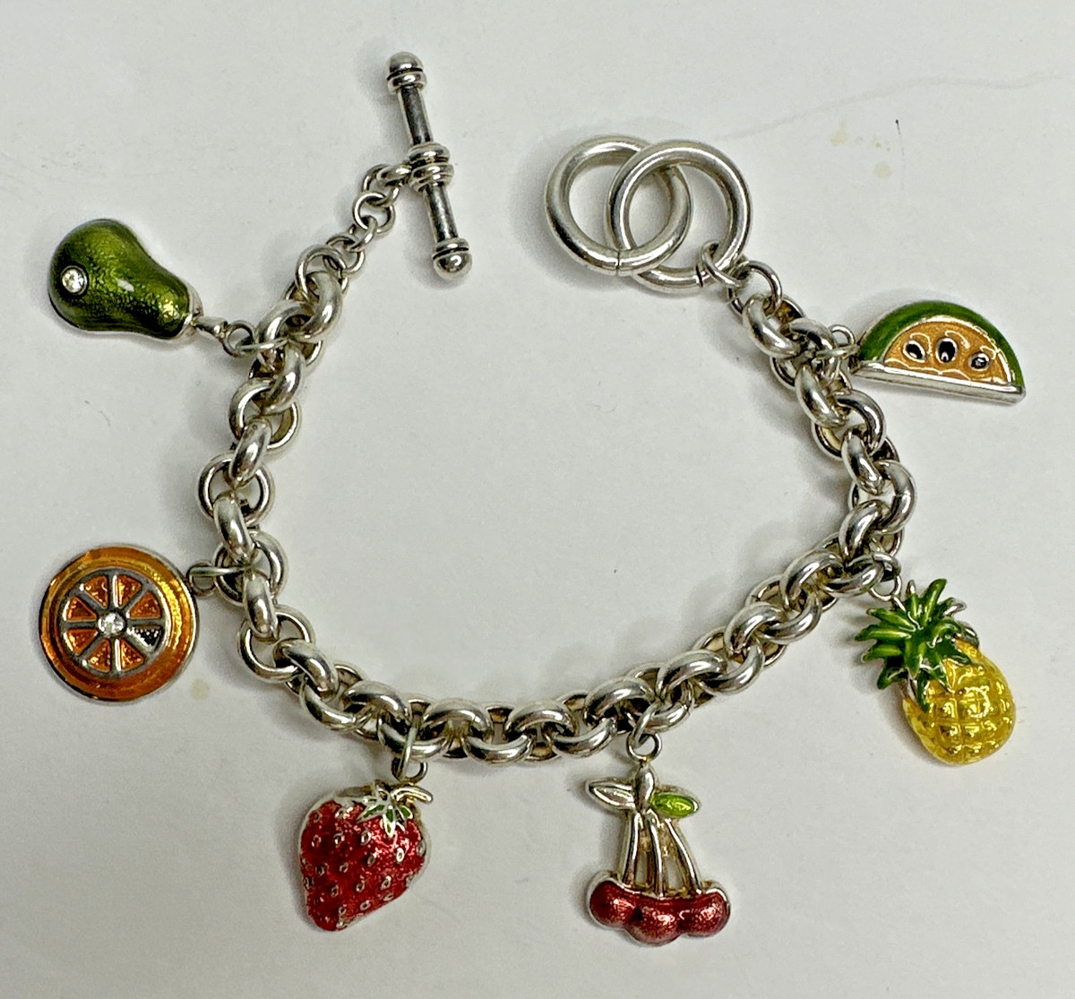 Best Brand Charm Bracelet Fruit Cherry Orange Strawberry Pear Silver Plated 8″