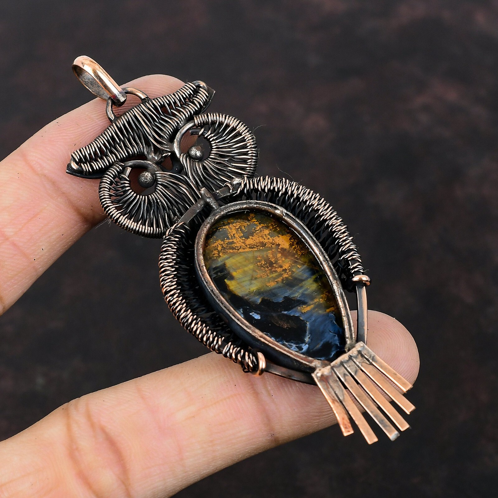Sisters Day Sale Copper Pear Pietersite Stone Wire Wrapped Owl Pendant Jewelry