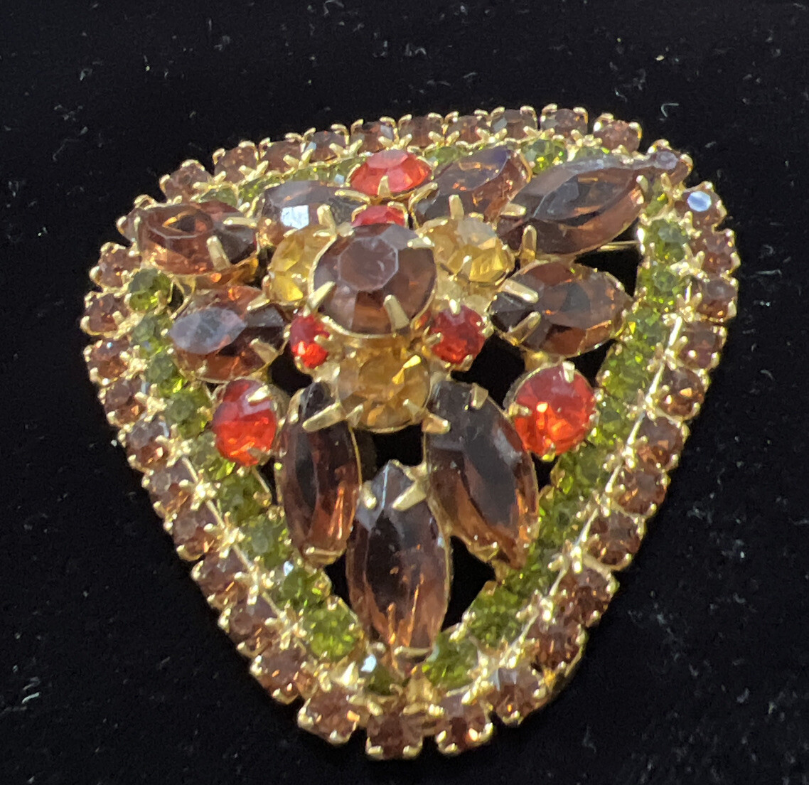 Juliana D&E Rhinestone Brooch Autumn Colors of Hyacinth Sable & Olivine Domed
