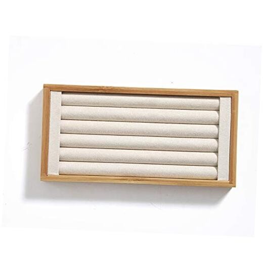Bamboo Ring Display Holder Jewelry Storage Tray Organizer Ring Beige Velvet