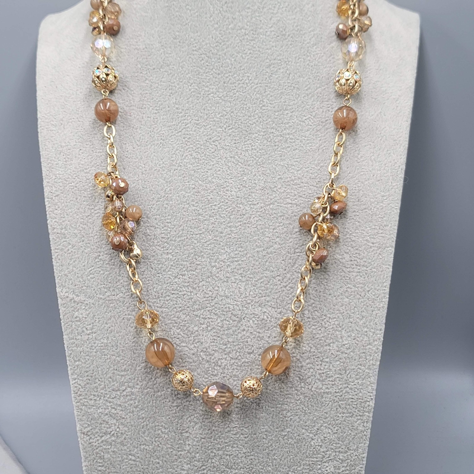 Gold Tone Beaded Station Necklace 36 in Brown Glass Filigree Beads Chain Womens