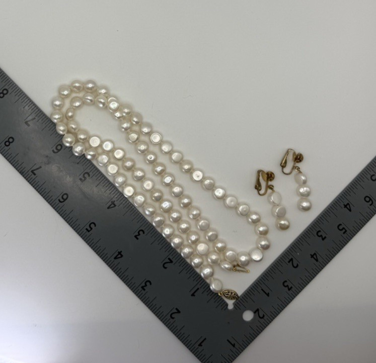 Freshwater Button Pearl Necklace Clip On Earrings Set 14K/20 Gold Filled Clasp