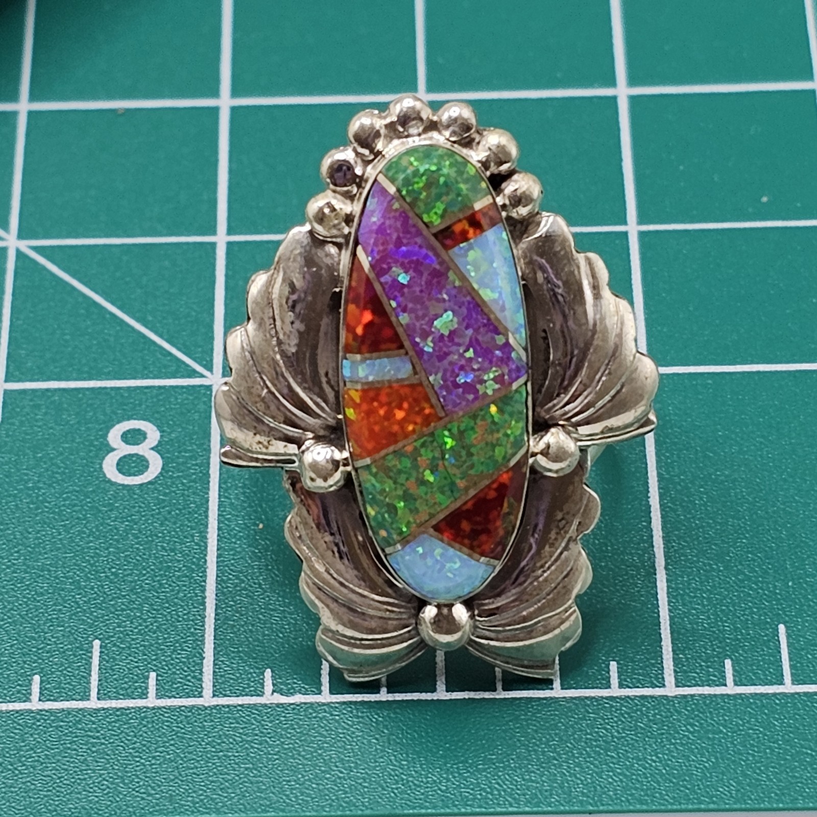 NEW! Zuni Made Opal Inlay Sterling Silver Statement Ring Size 8.5 Signed