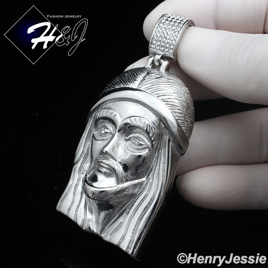 18-40″MEN Stainless Steel 7mm Silver Box Link Chain BIG ICY CZ Jesus Pendant*143