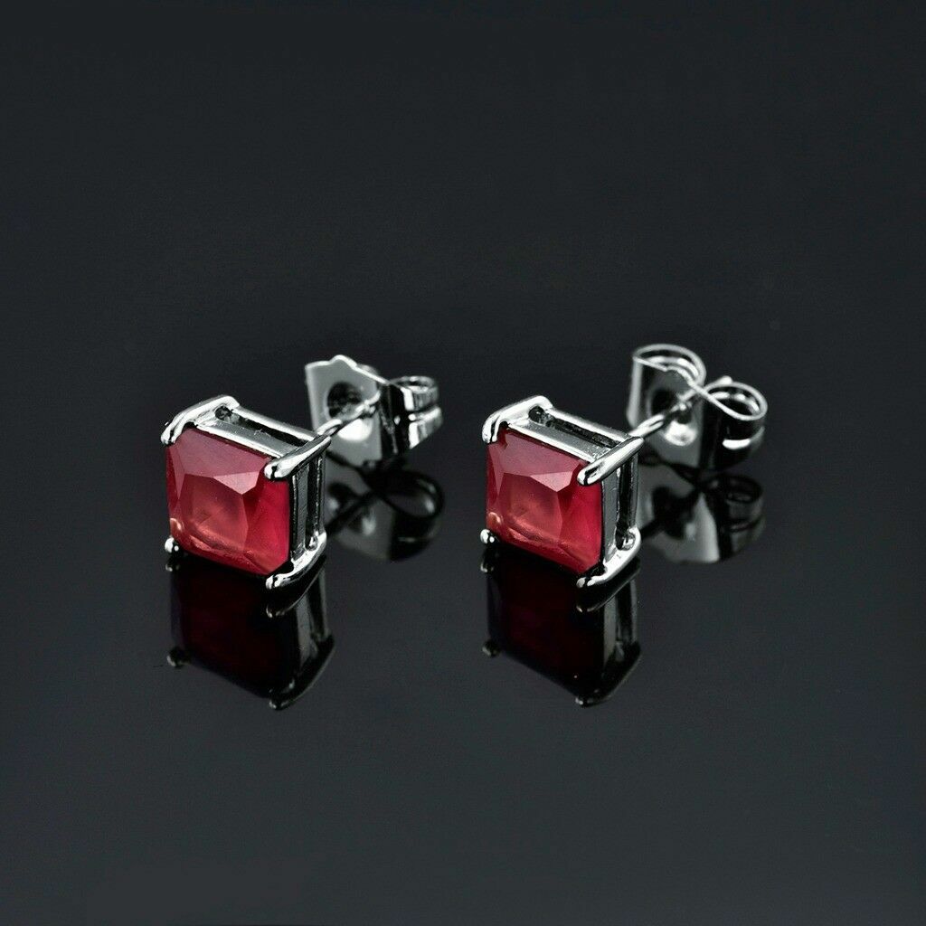 Pretty New 18K White Gold Filled 7mm Princess Cut Ruby Red CZ Stud Earrings