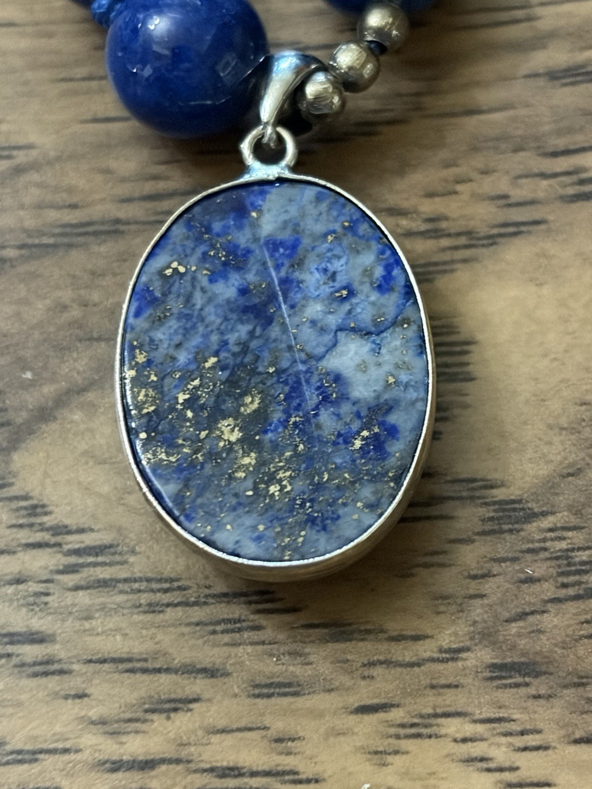10mm Round Lapis Lazuli Beads & Oval Pendant Necklace 18”