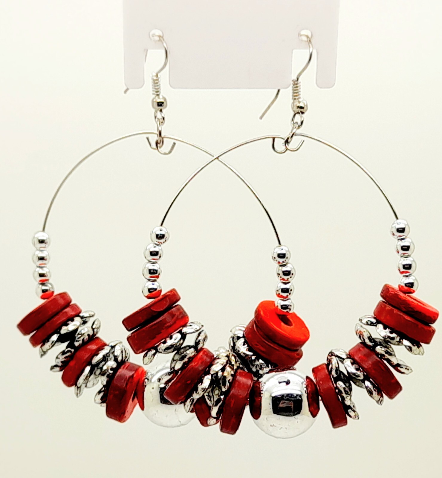RED COCONUT WOOD & ANTIQUE ALLOY & SEED BEAD HOOP DANGLING FASHION EARRINGS