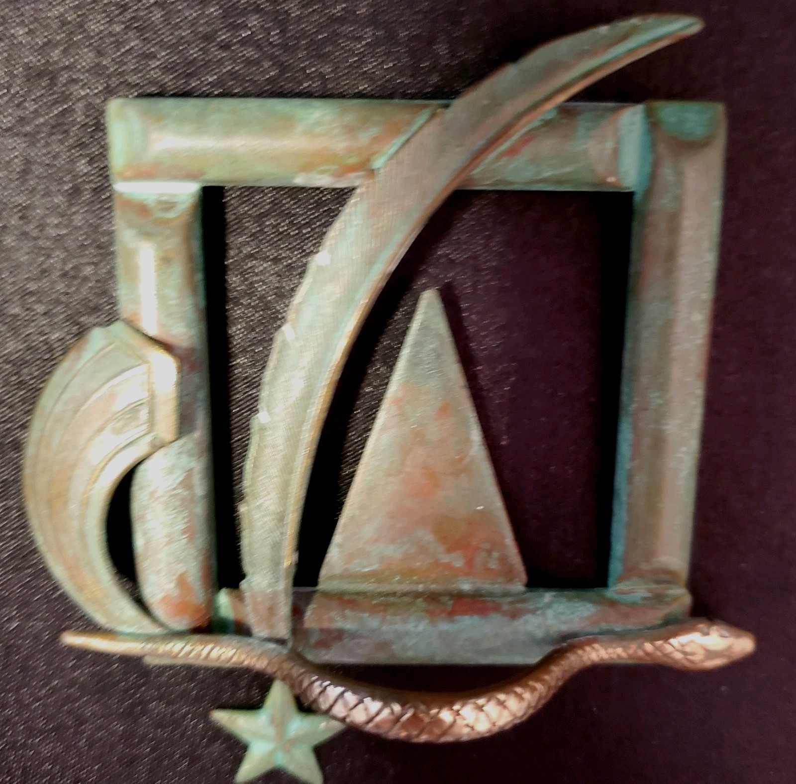 ESTATE Antique Pin, Patina Copper, Varied Charms, Handmade Creatively Designed