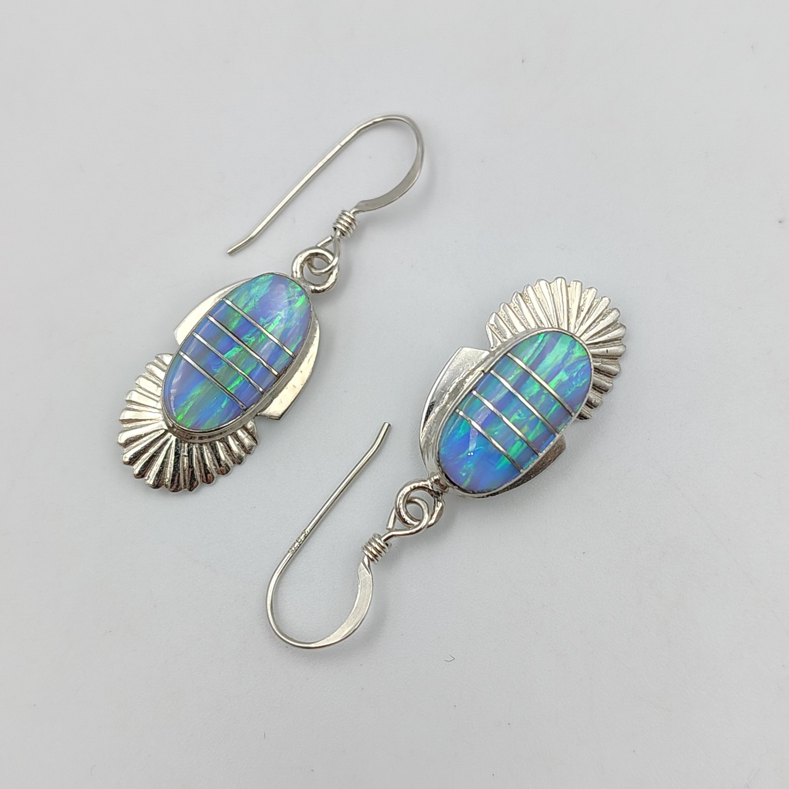Roger Skeet Navajo Sterling Silver 925 Lab Opal Inlay Dangle Earrings