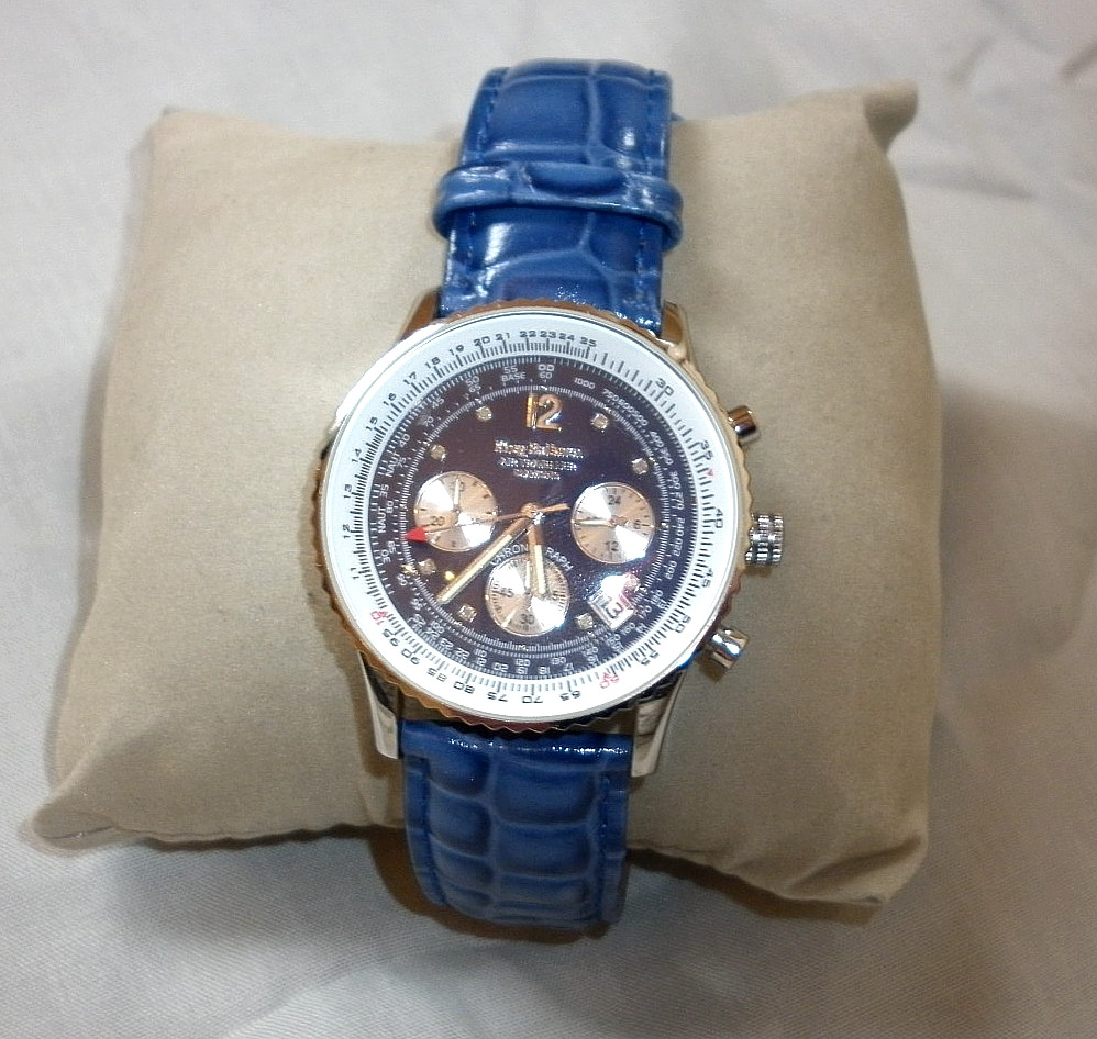 Krug Baumen Mens Air Traveller Diamond Silver – Blue Leather Watch with box