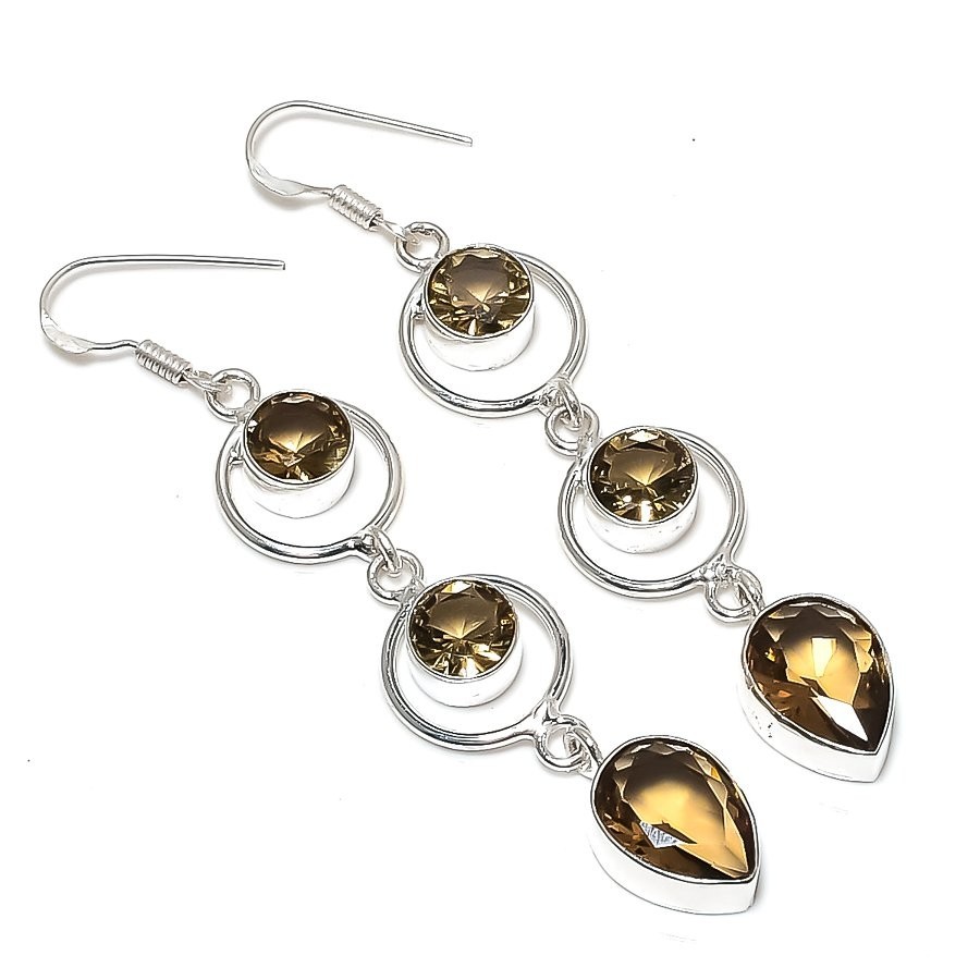 Smoky Quartz Gemstone Handmade 925 Starling Silver Jewelry Earring Size 3″
