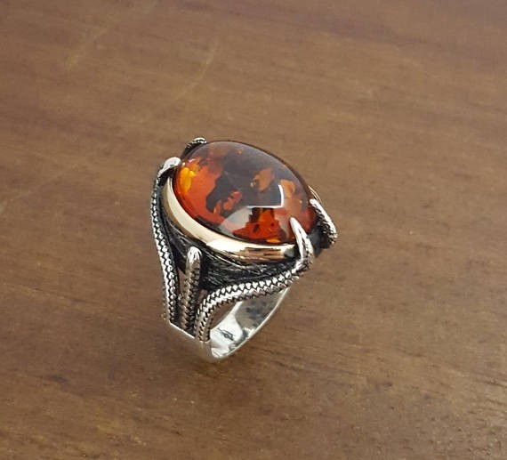 Solid 925 Sterling Silver Natural Baltic Amber Gemstone Signet Men’s Unisex Ring