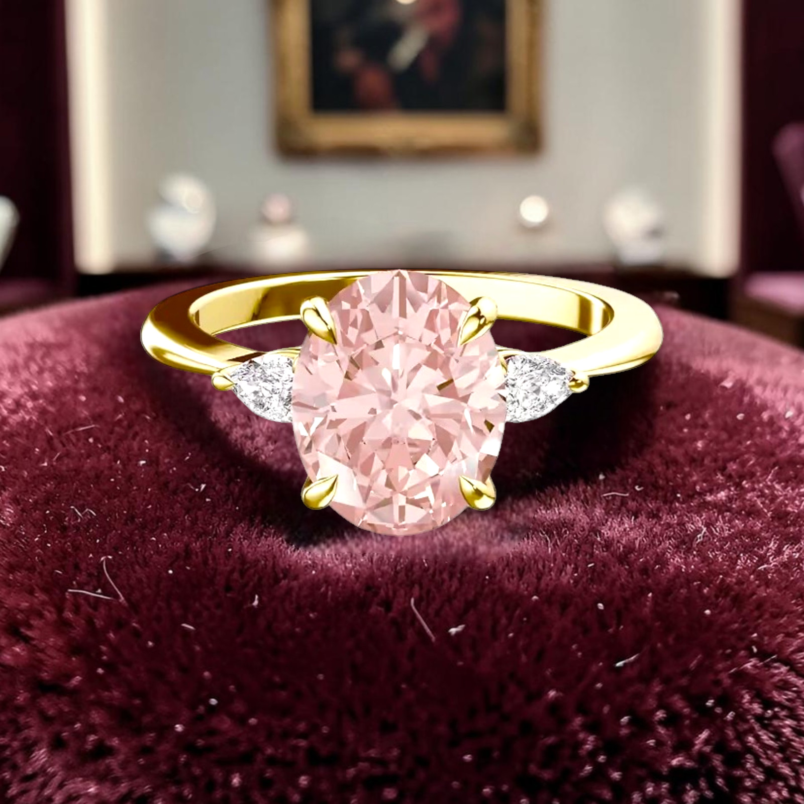 18k Yellow Gold IGI Lab Created Fancy Vivid Pink Diamond Ring 3.20 Ct Oval Cut