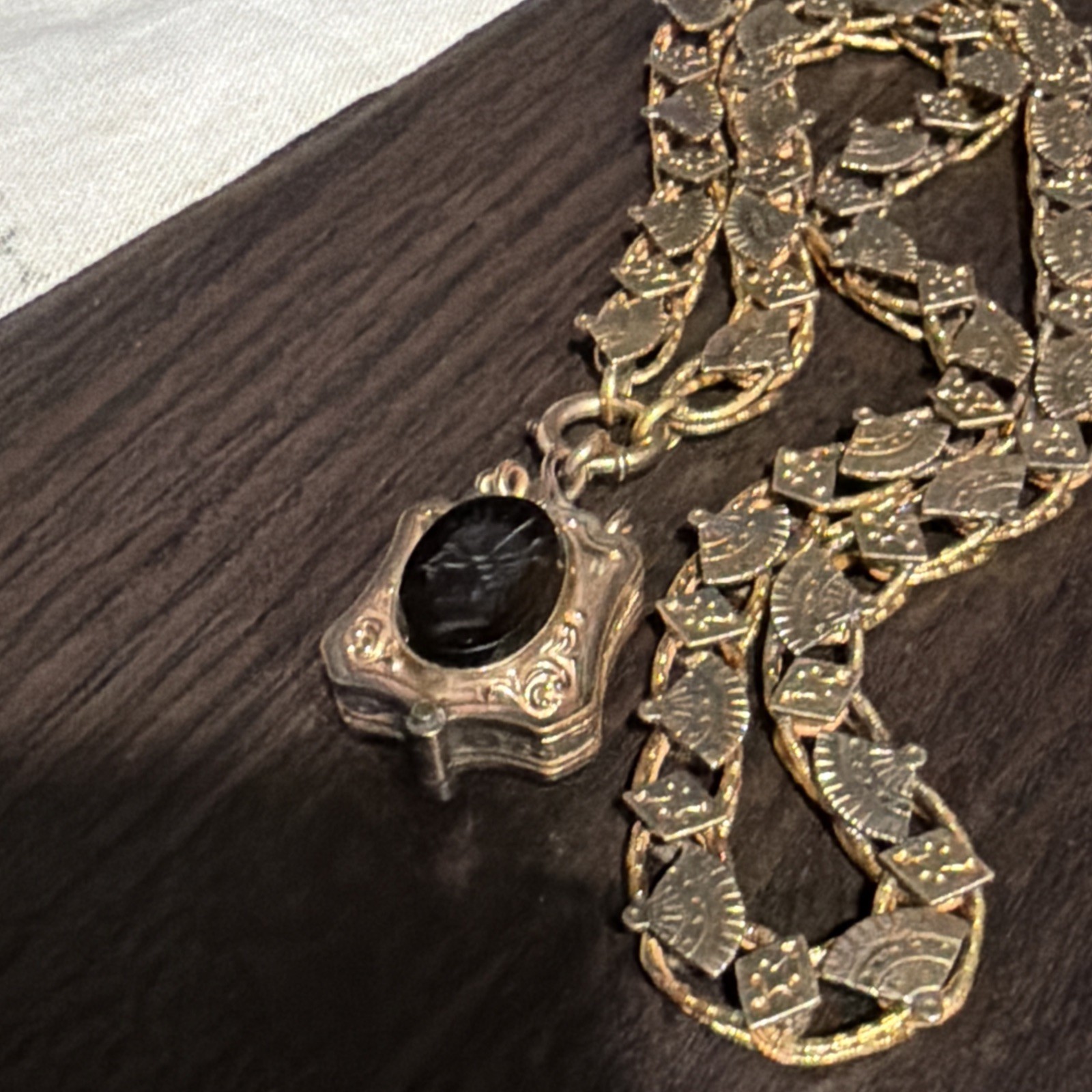 Victorian Etruscan 48g Gold Fill Book Chain Necklace Slide GF Locket Tiger Eye