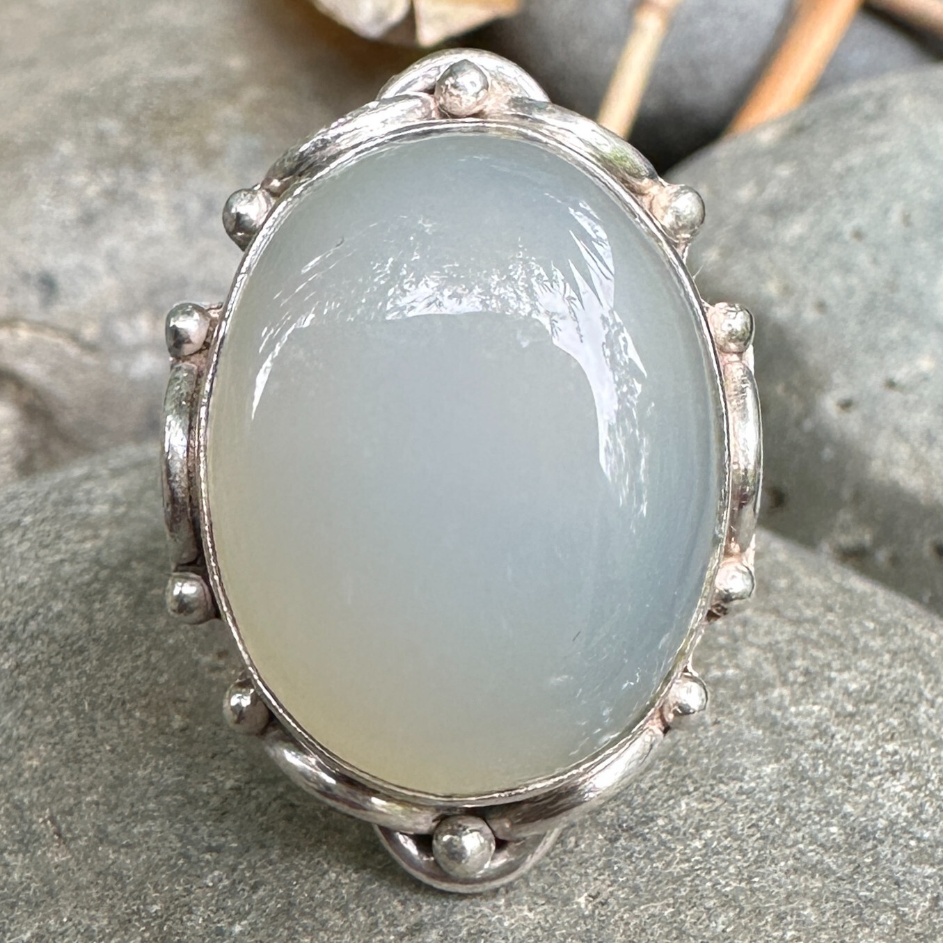 Oval Moonstone Bezel Ring in Sterling Silver SZ 5.5 w Applied Frame Design, 10g