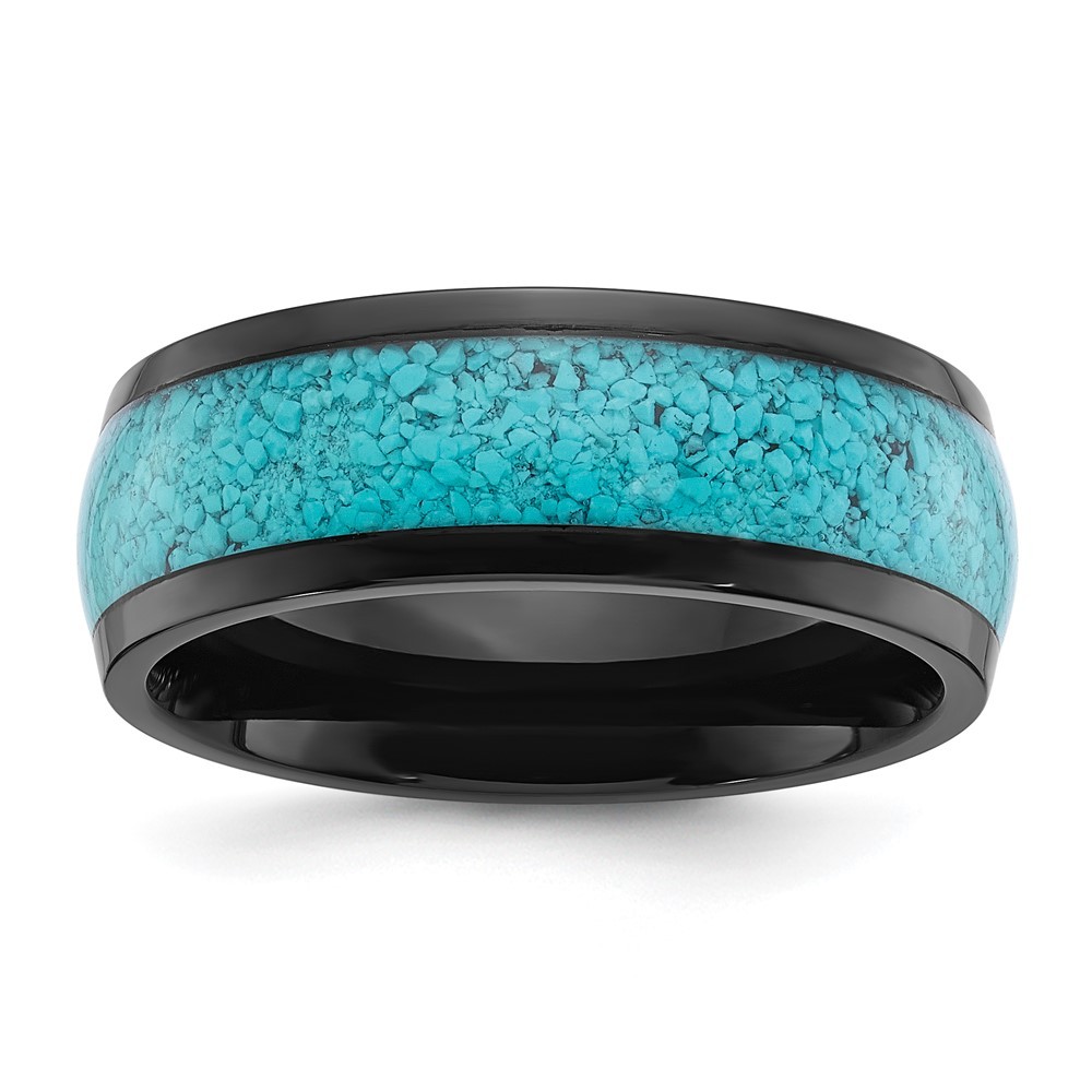 Titanium Polished Black IP-plated with Turquoise Inlay 8mm Band Ring Size 13