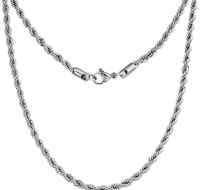 4mm Rope Mens Necklace Silver Chain Twist Stainless Steel Jewelry Neck Link 22”