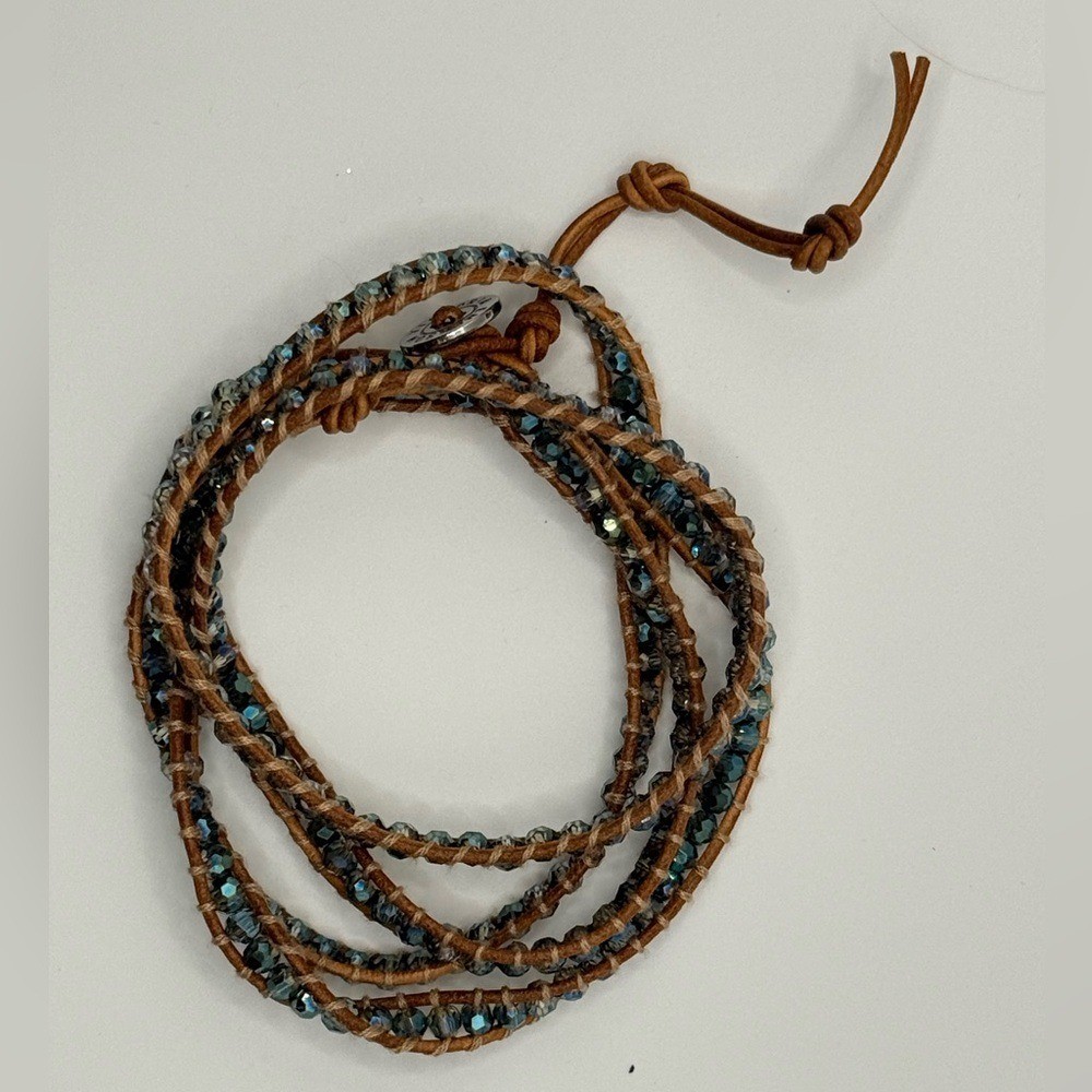 Victoria Emerson 5‑Wrap Bracelet – Iridescent Green/Blue Crystals on Tan Leather