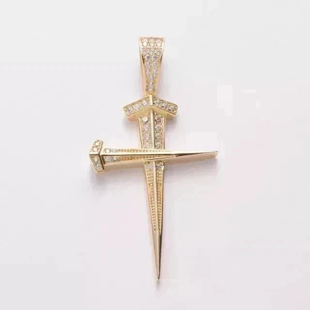 2.00Ct Round Cut Real Moissanite Fancy Cross Pendant 14K Yellow Gold Plated