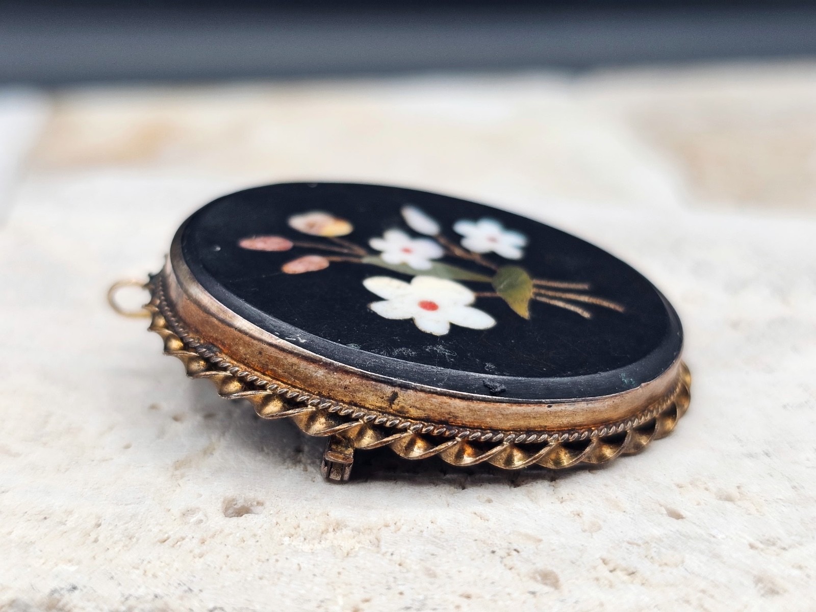 ANTIQUE ITALIAN 10K YELLOW GOLD FILL Pietra Dura Brooch AND Pendant – FLORAL