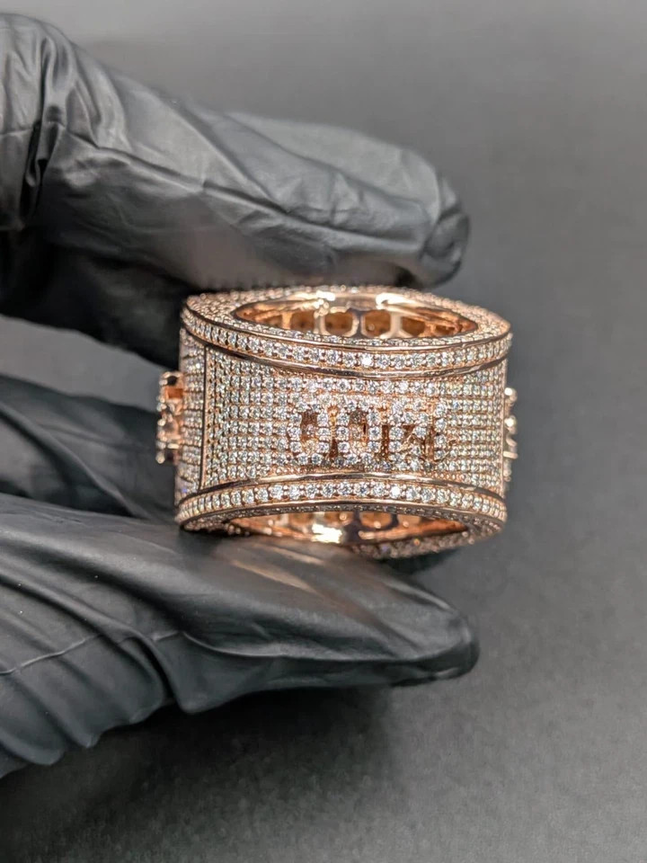 5TCW Lab Created Diamond Iced Statement Custom Name Ring in 14k Rose Gold Plated