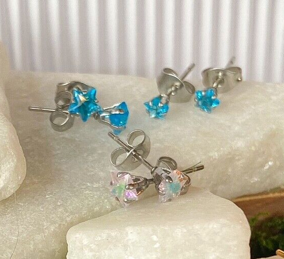 PAIR Star CZ Gem Stud Earrings 316L Surgical Steel, choose color & gem size