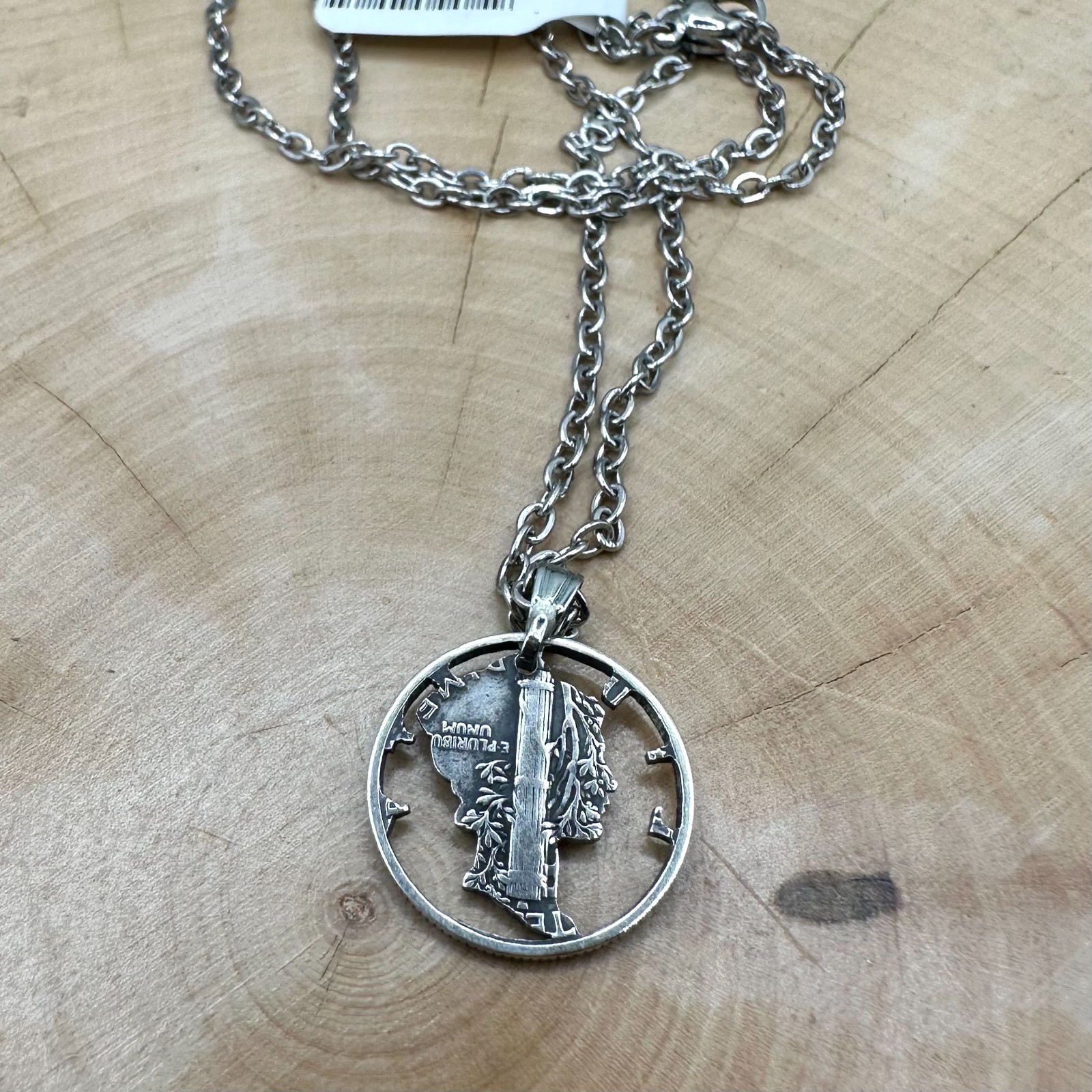 Antique U.S. Silver Mercury Dime Hand Cut Coin Necklace Pendant 18″ NEW
