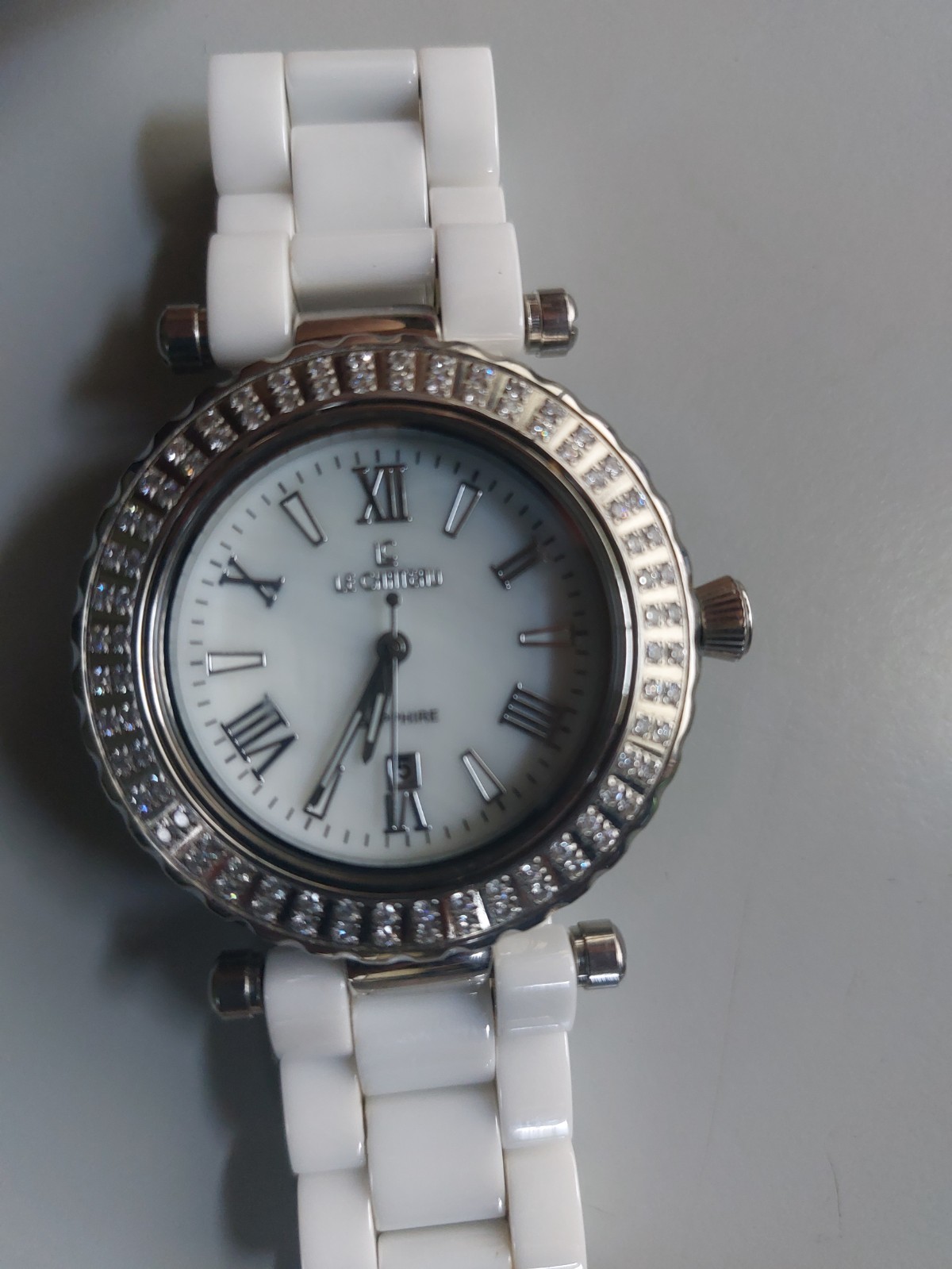 LE CHATEAU LC Ceramic Women’s White Rhinestone, Mother of Pearl Watch- 7″