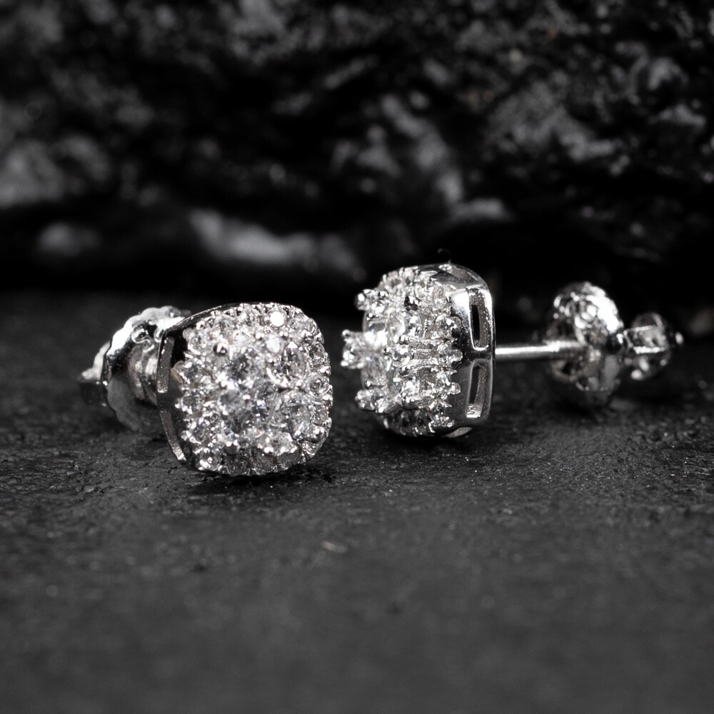 White Gold 925 Sterling Silver Small 3D Cube Square Cluster Stud Earrings