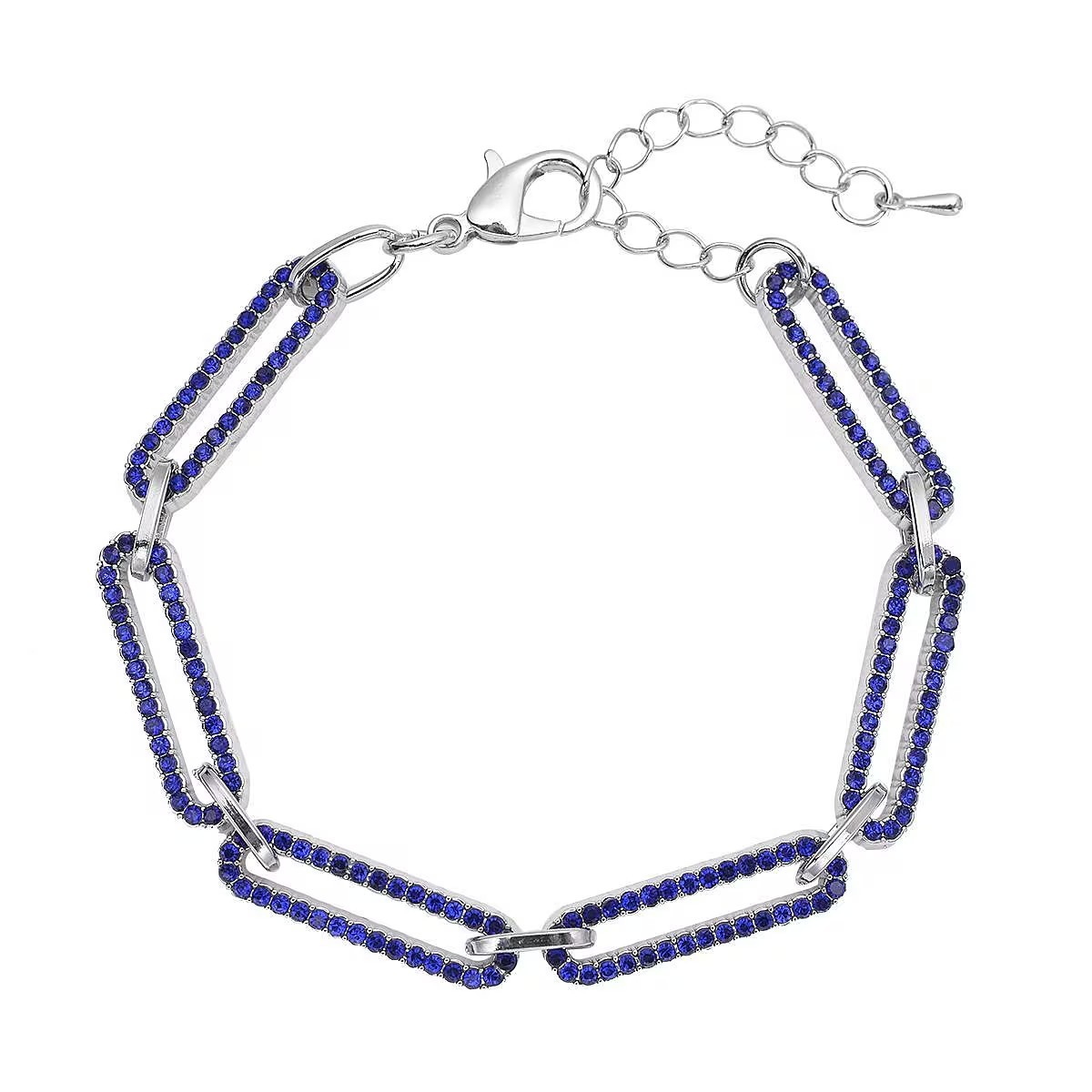 Blue Austrian Crystal Paperclip Bracelet in Silvertone 7.5-9.5 inches