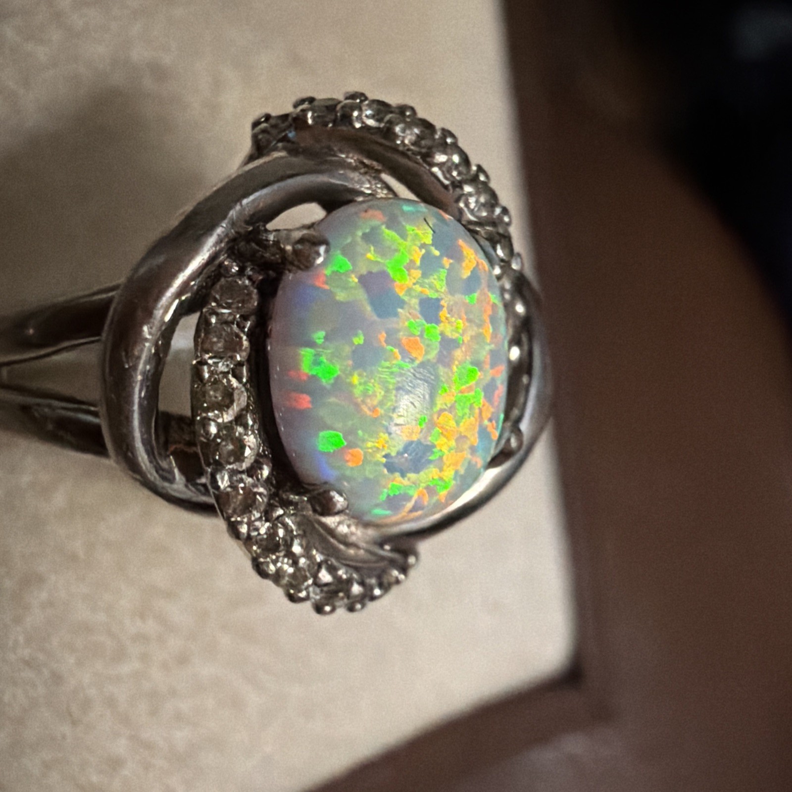 Vintage Opal Cubic Zirconia Sterling Silver Ring – Size 10 L