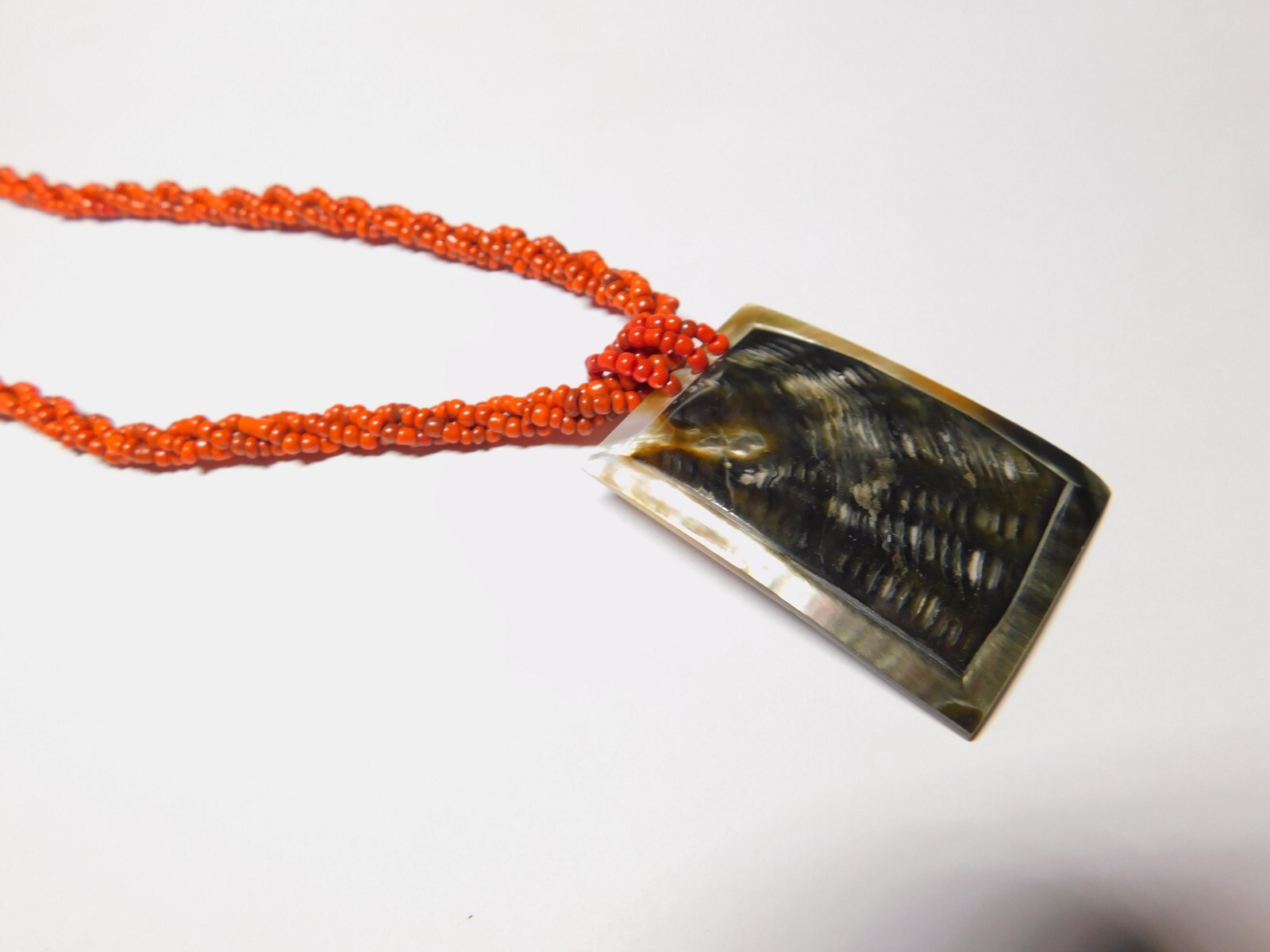 Orange Glass Bead Woven Rectangle Shell Pendant Necklace Vintage