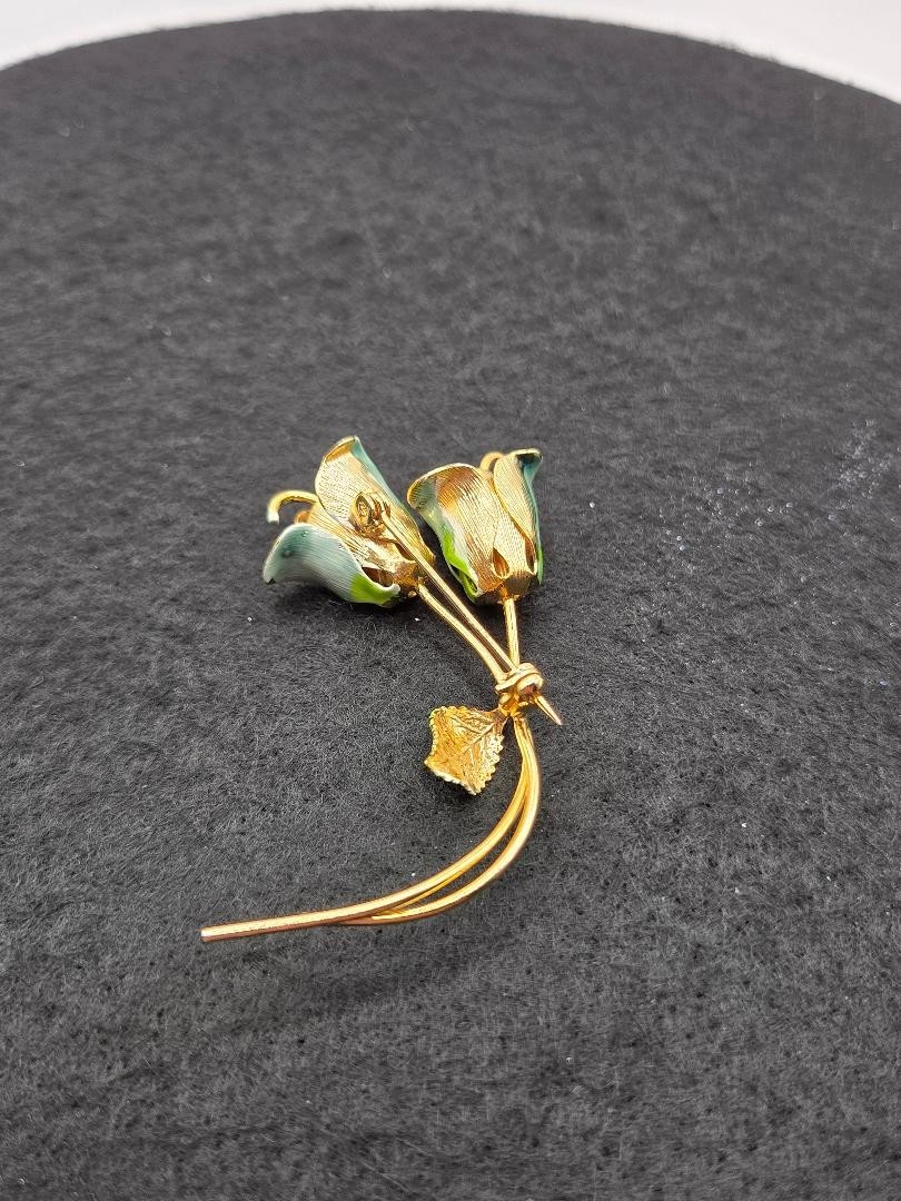 Vintage Enamel Blue & Green Gold Two Flower Buds And Leaf Brooch Pin 3″L