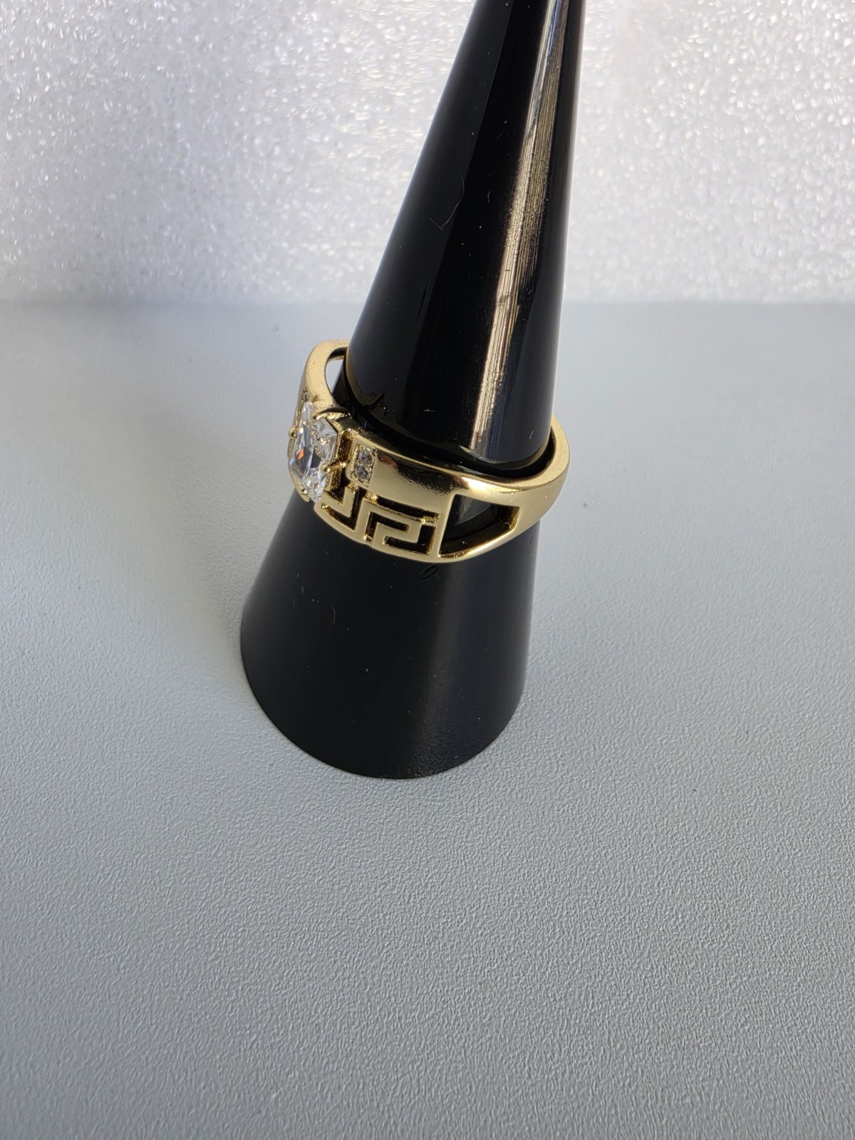 Gold Plated 14K Tone Greek Key CZ Ring Princess Cut Size 7 Statement Band