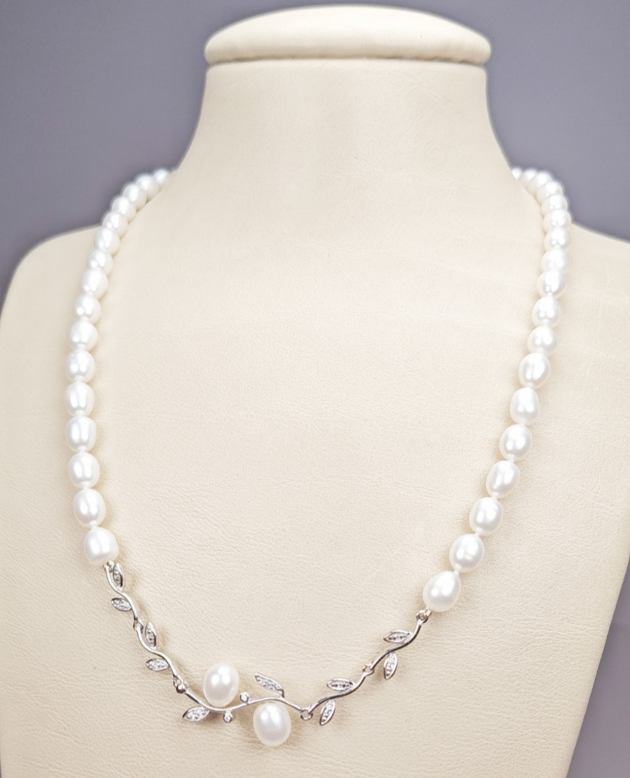 925 Sterling Silver Diamond White Cultured Freshwater Pearl Necklace 18–19.5″