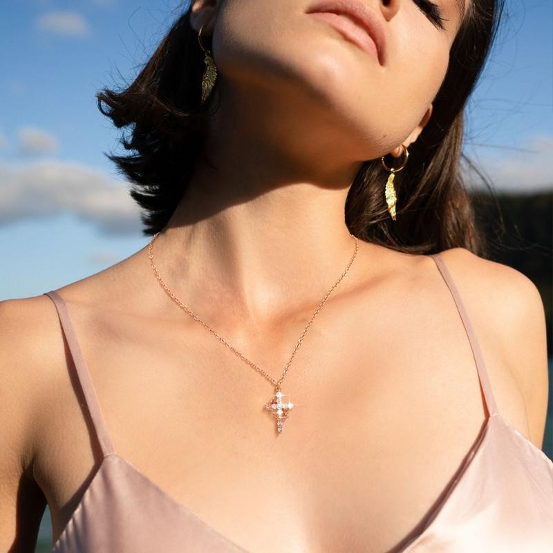 Sparkling Crown Rose Gold Cross Pendant Necklace Christian Jewelry Gift, Women