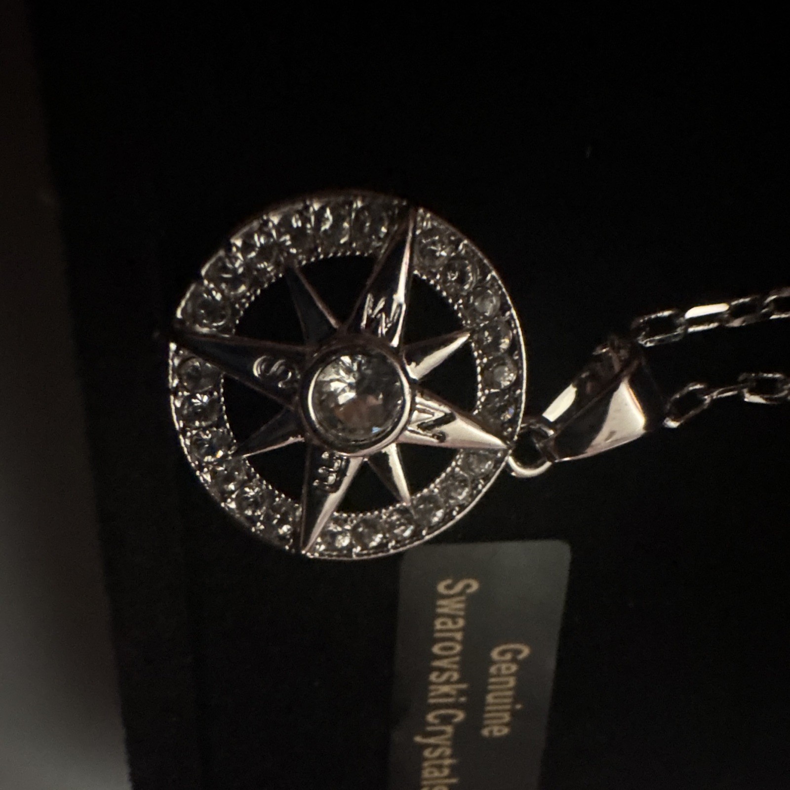 Silver Plated Compass Charm Pendant Necklace w/ Genuine Swarovski Crystals
