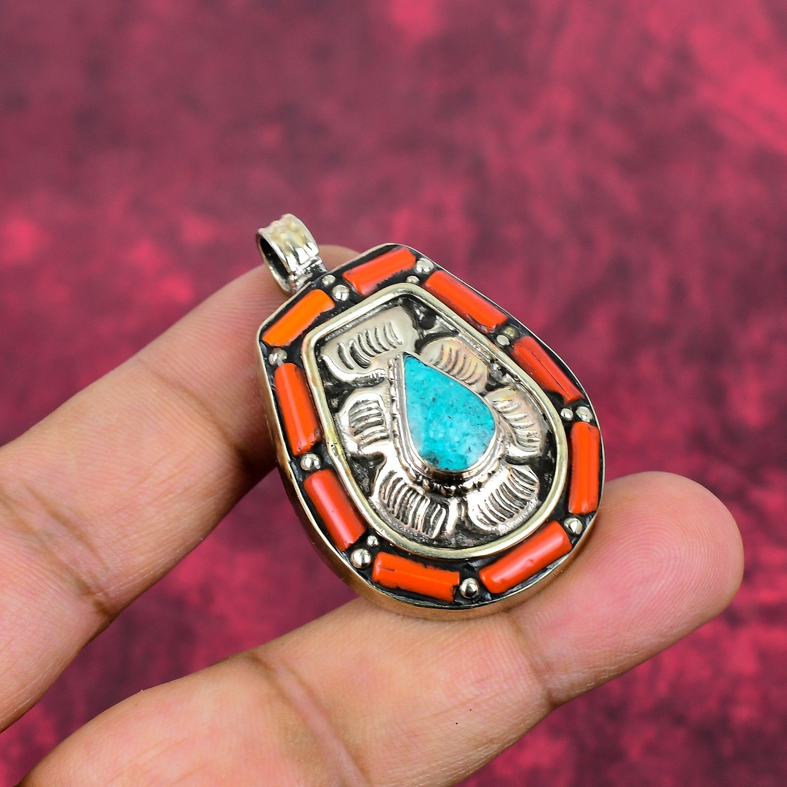 Coral ,Turquoise Gemstone Handmade 925 Sterling Silver Bohemian Jewelry Pendant