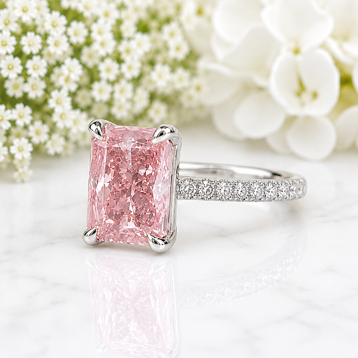 3.75 CT Radiant Cut Fancy Vivid Pink Lab Grown Diamond Women Ring 18K White Gold