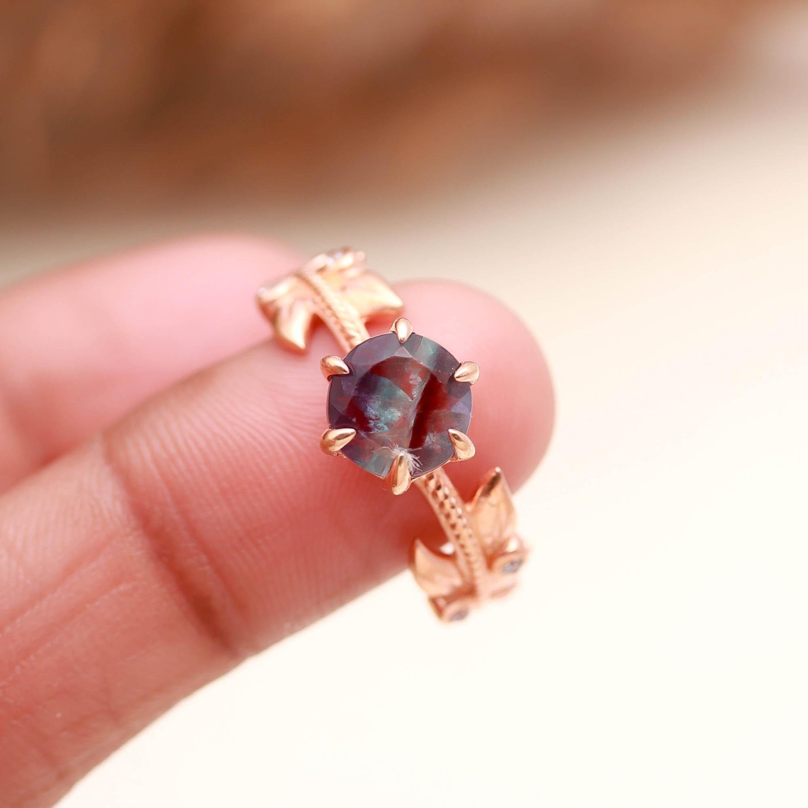 Natural Fluorite Round Ring Rose Gold Plated 925 Sterling Silver Vintage Jewelry