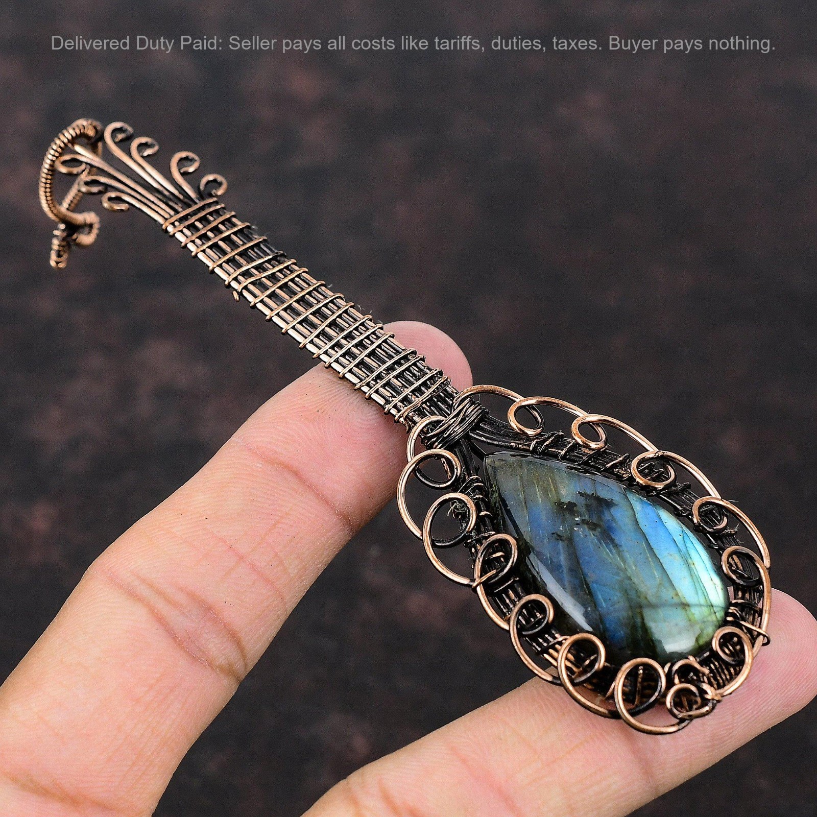 Black Friday Sale Natural Labradorite Copper Wire Wrapped Guitar Pendant Jewelry